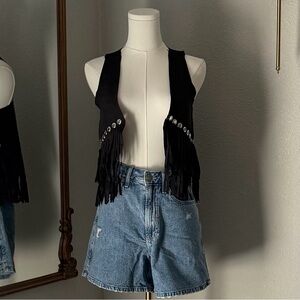 Y2K Jessica Simpson Studded Faux Suede Fringe Vest Western Boho Coastal Cowgirl